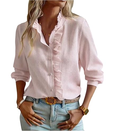 XQR Women's Ruffle Trim Button Up Long Sleeve Blouse Top Striped