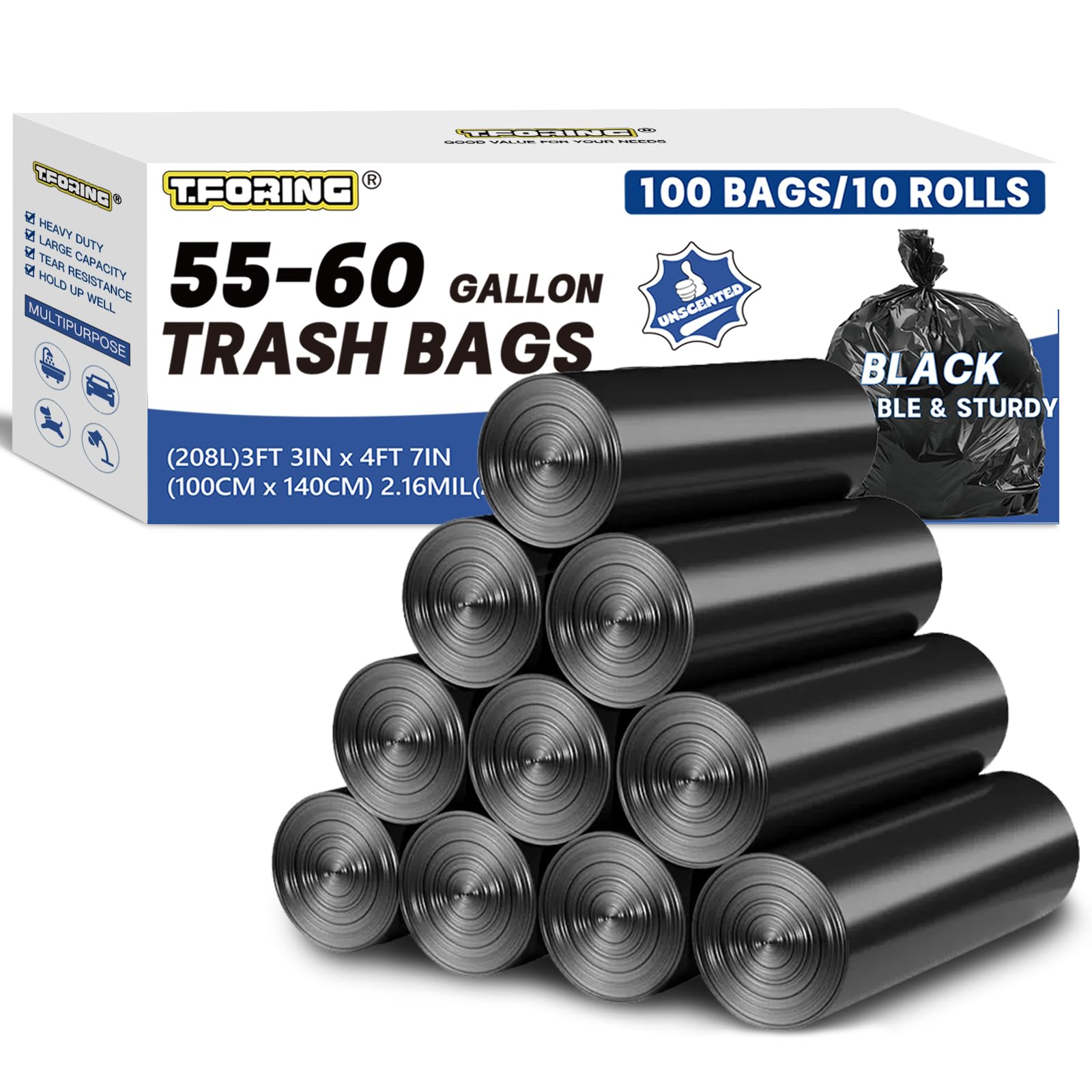 Photo 1 of 55-60 Gallon Trash Bags Heavy Duty 2.1 Mil - 39''x55'' 100 Count Extra Thick Black Garbage Bags Unscented Strong Huge Can Liners for Construction Industrial Yard Outdoor Commercial