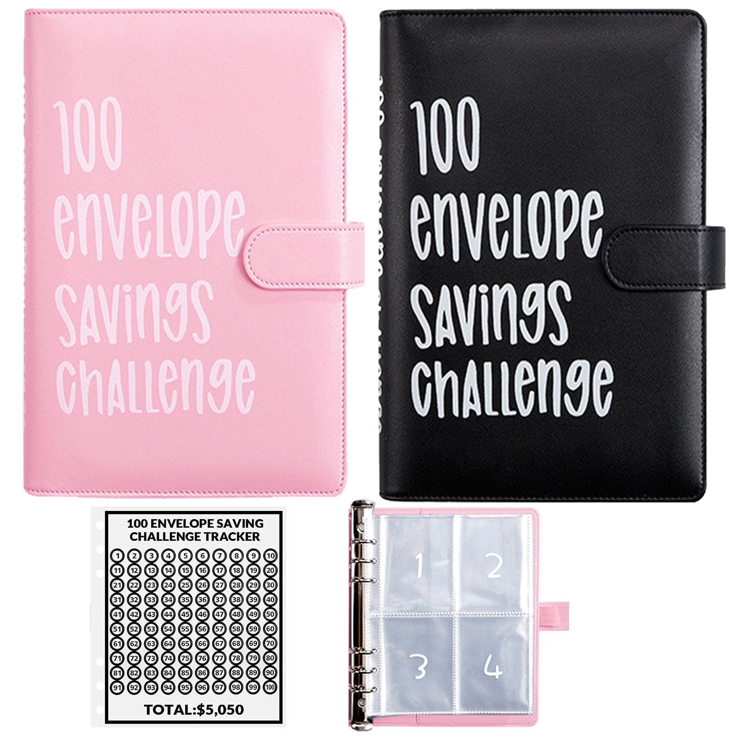 Photo 1 of 2PCS 100 Envelopes Money Saving Challenge, Envelopes Challenge Binder, Achieving Financial Goals with a Budget Binder and Cash Envelopes, Successfully Reach Your Savings Goals of $5,050 (Pink+Black)