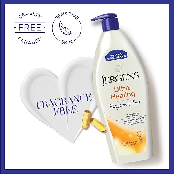 JERGENS ULTRA HEALING DRY SKIN LOTION, HAND AND BODY MOISTURIZER FOR QUICK ABSORPTION INTO EXTRA DRY SKIN WITH HYDRALUCENCE BLEND, VITAMINS C, E AND B5, WHITE, 21 OZ