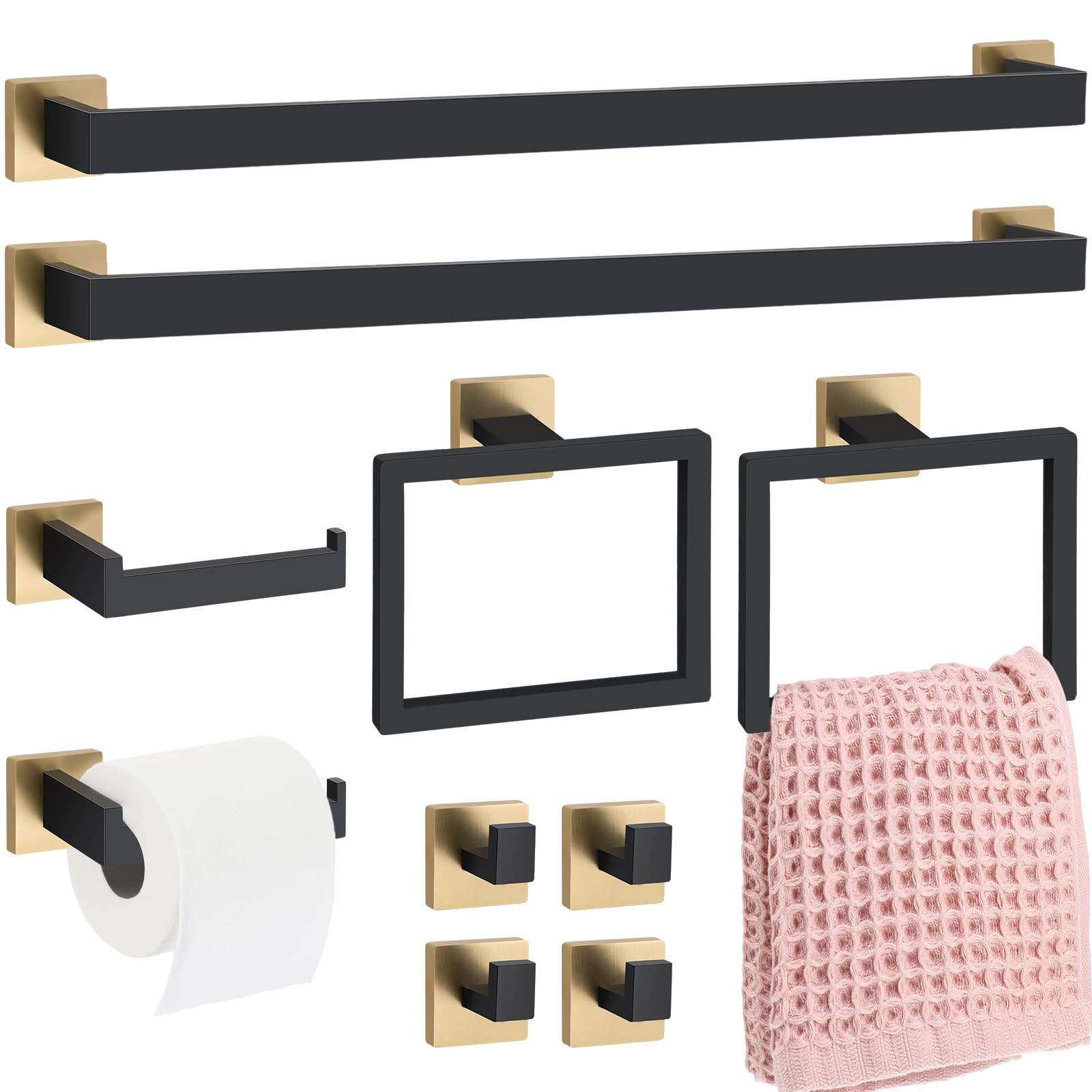 View 1 of **LONG BARS ONLY*** Gisafai 10 Pcs Black Gold Bathroom Hardware Accessories Set 23.6 Inch Bath Towel Bar Kit Stainless Steel Bathroom Hardware Set Towel Racks Ring Robe Hooks Paper Holder for Wall Mounted