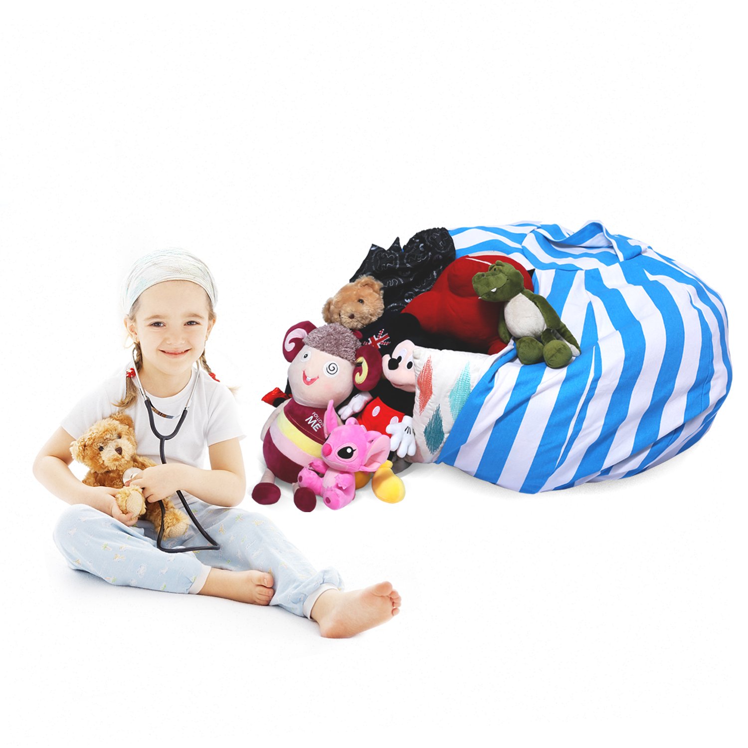 Yotree Stuffed Animal Storage Bean Bag Chair Useful Extra Large Kids Toy Organizer Clean up the Room and Put Those Critters in Order(Blue Stripes)