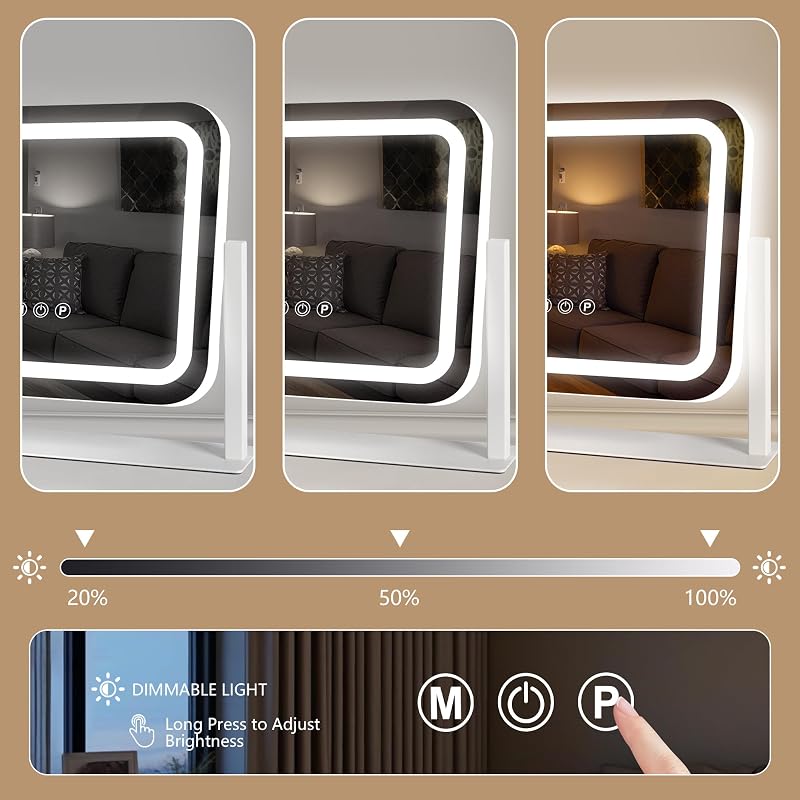 Miroir Coiffeuse, 35 x 30 CM Miroir de Maquillage LED avec éclairage à 3 Couleurs et Intensité Réglable, Commande par écran Tactile Intelligent, Pivotant à 360°, 14"× 12", Blanc