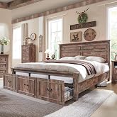 Aitjunz Farmhouse King Size Bed Frame w/51 Tall Headboard, Light Brown | Wood Platform Bed Frame with 20" Tall Roman Column Decoration Footboard &amp; 3 Large Storage Drawers, No Box Spring Needed
