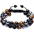 GENASTO Healing Crystals Tigers eye Black Obsidian Hematite 8mm Stone Beads Good Luck Triple Protection Bracelet for Men Women