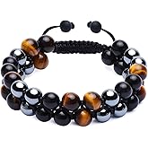 GENASTO Healing Crystals Tigers Eye Black Obsidian Hematite 8mm Stone Beads Good Luck Triple Protection Bracelet for Men Women