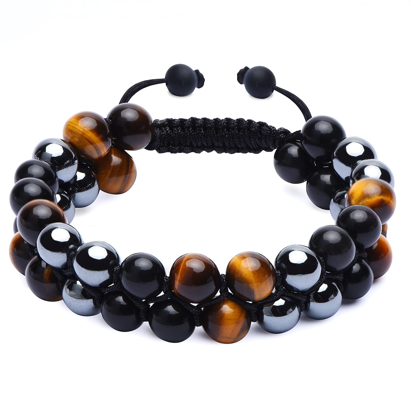 Photo 1 of GENASTO Healing Crystals Tigers Eye Black Obsidian Hematite 8mm Stone Beads Good Luck Triple Protection Bracelet for Men Women