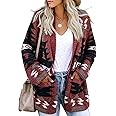 Women's Boho Cardigan - Aztec Print Open Front Knit Sweater