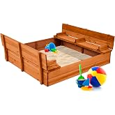 Best Choice Products Large Outdoor Wooden Sand Box for Kids, Sandbox with Cover, Bench Seats Support up to 220 lbs, Bottom Liner for Drainage, Cedar Wood - Brown
