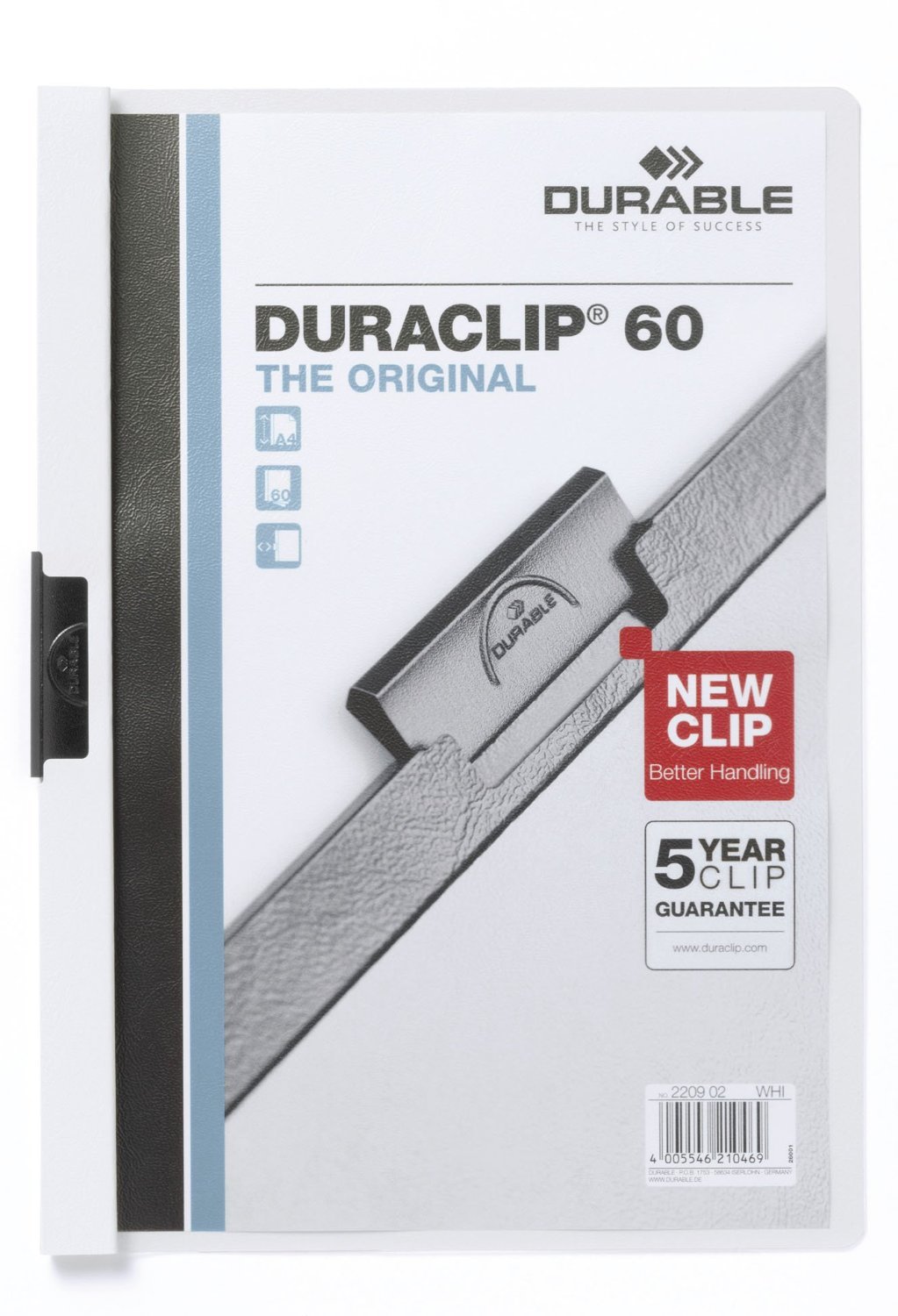Durable DURACLIP 60 A4 Clip Folder - Holds Up to 60 Sheets of A4 Paper - Strong Metal Sprung Clip - Pack of 25 White Colour Folders for Organising Documents