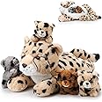 Silipull 5 Pcs Cheetah Stuffed Animals Set Large Mommy Cheetah Plush with 4 Soft Cuddly Baby Cubs in Her Tummy for Boys Girls Birthday Graduation Gifts Forest Party Decors(Lying Style)