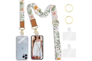 Piefly Phone Lanyard Crossbody Wrist Strap, Flower Cell Phone Lanyards for Around the Neck Wristlet Shoulder, Adjustable Floral Phone Strap for Keys Keychain Phone Case ID Badge with Phone Patches