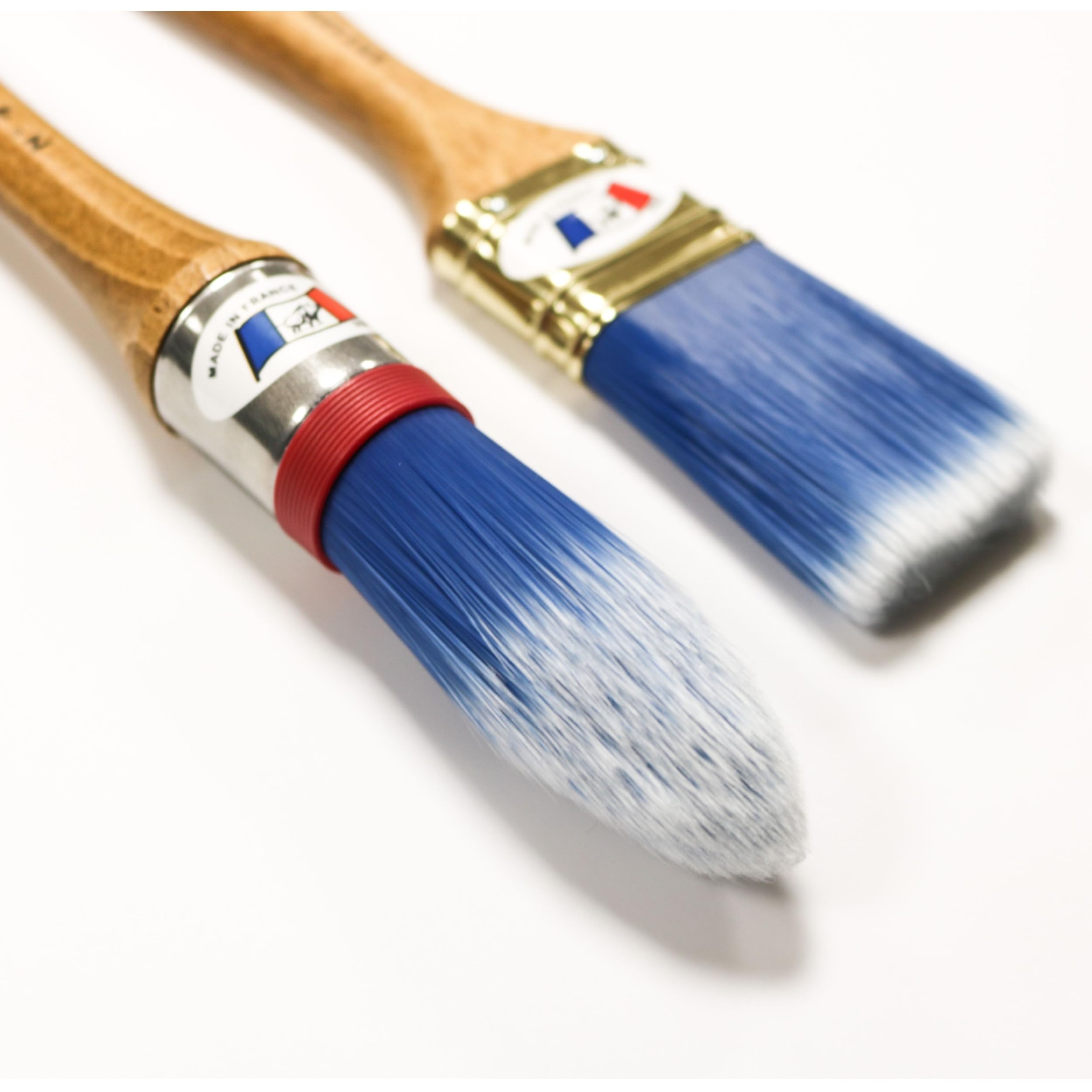 Bleu Polytop Pack of 2 brushes/brushes, 1 round recoating and 1 flat brush, 40 mm, made in France, ideal for rooms, walls and ceilings, suitable for all paints and varnishes, wooden handle