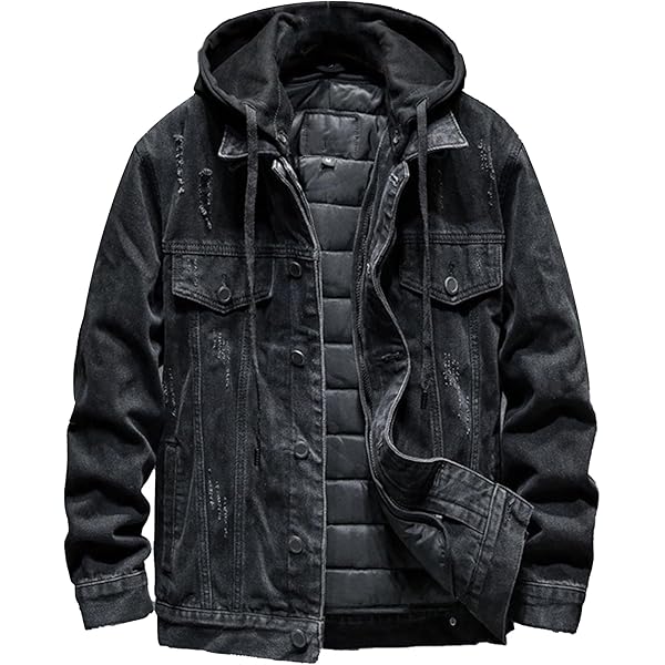 JEKE-DG Men's Distressed Denim Hoodie Jacket Button Up Washed