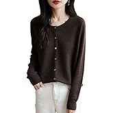 Ciovkis Women's Merino Wool Blend Cardigan Crew Neck Fall Winter Long Sleeve First-Line Ready to Wear Seamless Knit