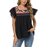 Embroidered Mexican Top for Women Peasant Blouse Summer Shirt Short Sleeve | Boho Peasant Tops, Crew Neck, Casual Loose Cotton Blouse, Floral Embroidered Shirt