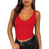 ForeFair Women's Sleevelsee V Neck Crop Tank Top Summer Double Layer Going Out Workout Casual Basic Tops