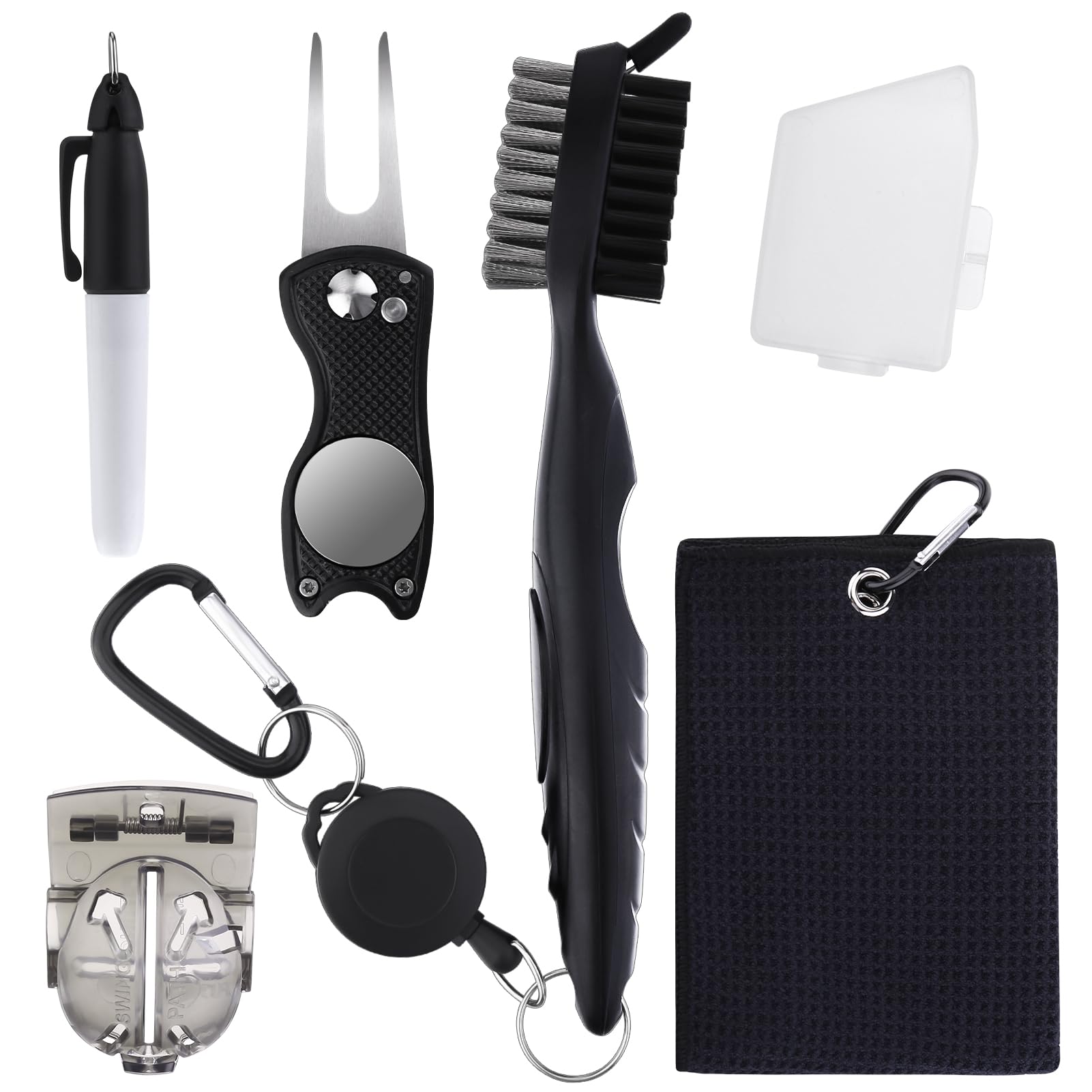 Vyuwast Golf Club Cleaner Brush, 6 Pack Golf Towel and Brush Set Accessories for Men Golf Bag Towel with Clip Ball Stencil Pitch Mark Repairer and Ball Marker Groove Cleaner Pen Divot Carabiner(Black)
