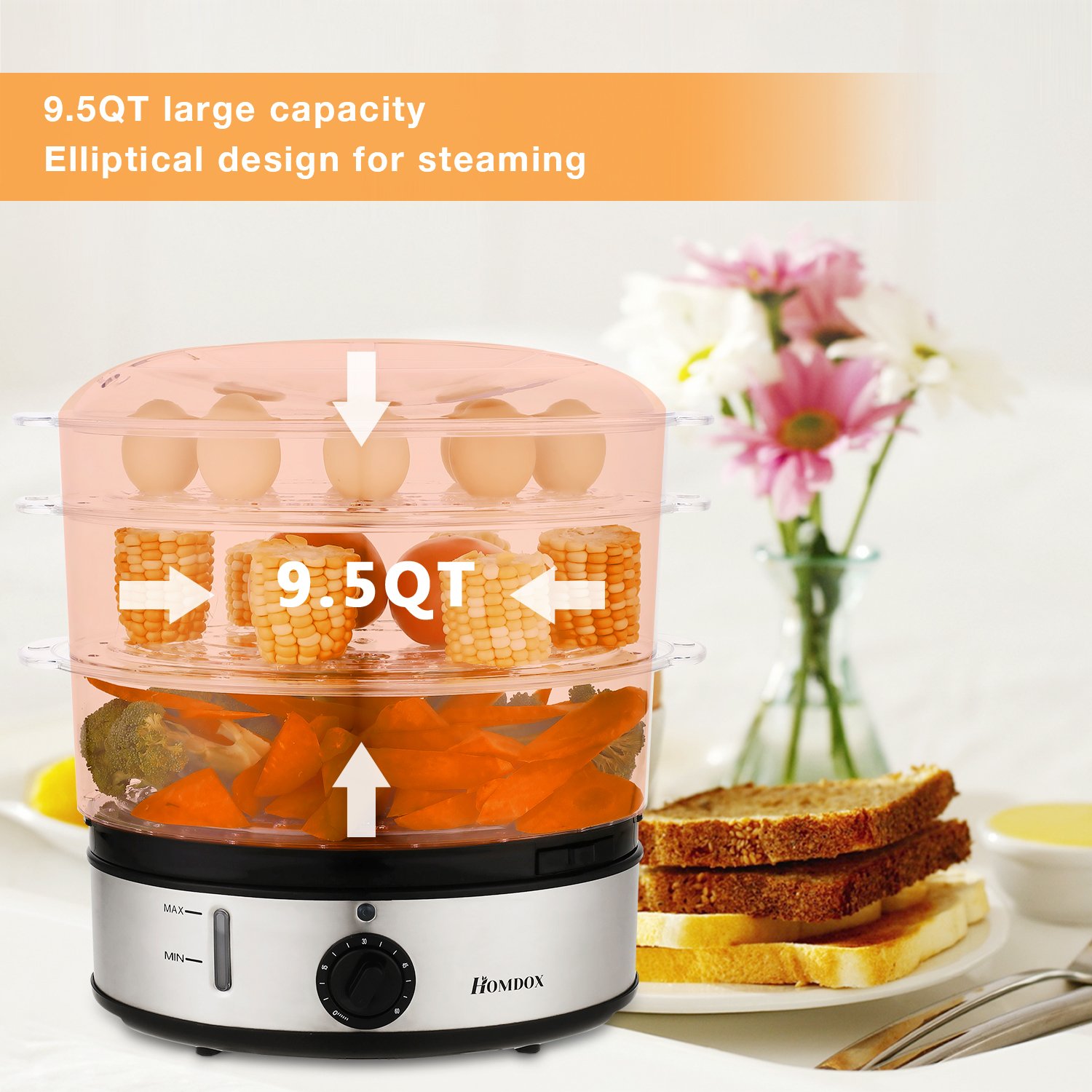 Homdox HM5159 Healthy Food Steamer with Timer,9.5 Quart and 800W