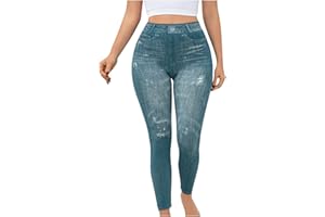 HGps8w Women's Trendy Denim Print Tight Leggings Strechy Casual High Waisted Skinny Fake Jeans Jeggings