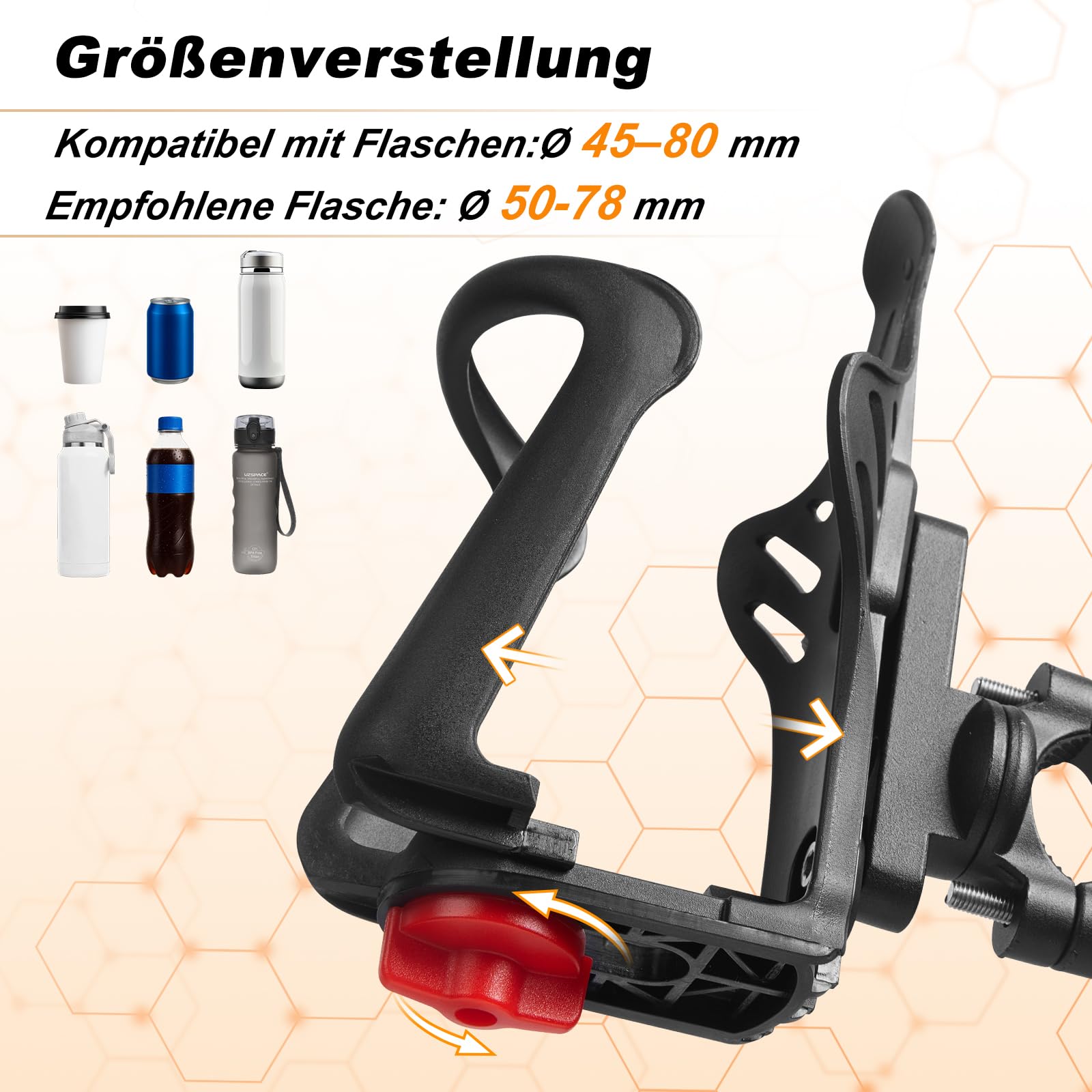 SUNFATT Fahrrad Flaschenhalter & Getränkehalter Fahrradlenker (360° Drehbar) – Trinkflaschenhalter Fahrrad, E-Bike, E-Scooter, Motorrad & Kinderwagen – Ohne Bohren, Ø 45-78mm – Fahrrad Zubehör 2