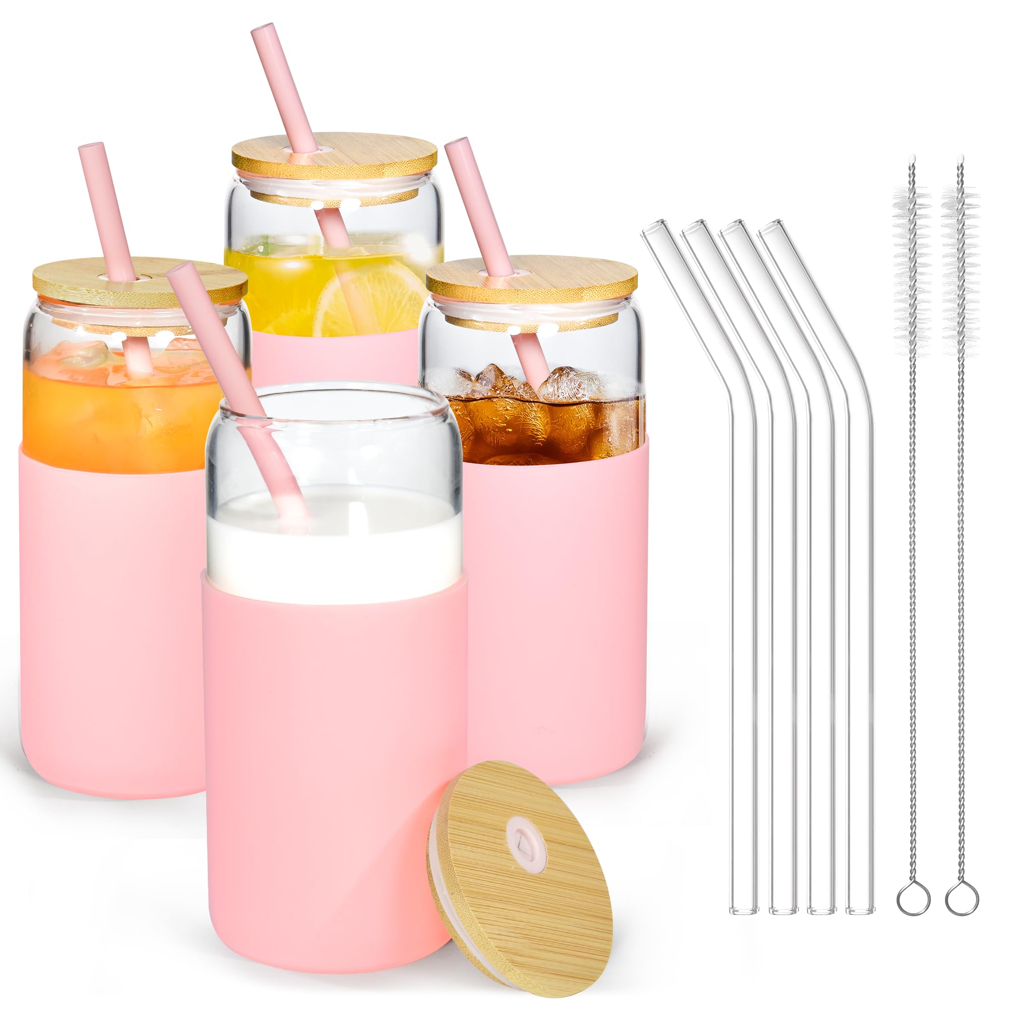 Photo 1 of ***SEE NOTES*** 
Icesip 4 Pcs 20oz Glass Tumbler with Straw and Lid Iced Coffee Glasses with Silicone Protective Sleeve Drinking Glasses Set of 4 for Juice Beer Milk(Pink*4)