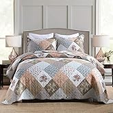 Travan 3-Piece Queen Quilt Set Quilted Bedspread Lightweight Reversible Coverlet Set Floral Printed Quilted Bedding Set with Shams for All Season, Brown Floral, Queen Size