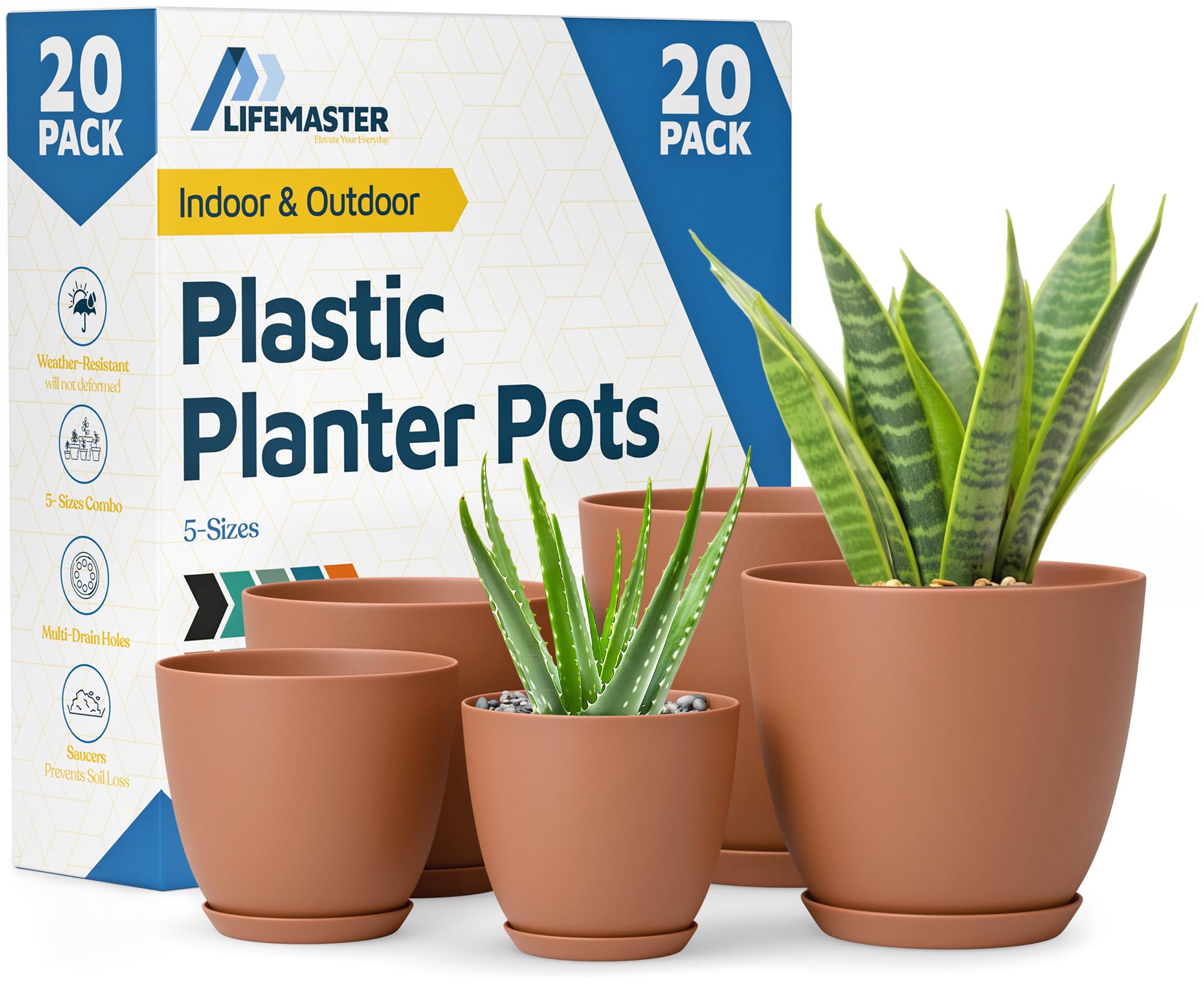 Terracotta Plant Pots with Drainage Holes & Saucers 20 Pack, Indoor & Outdoor Stackable Space-Saving Planters for Houseplants & Flowers, (7", 6.7", 6", 5.3", and 4.8" Inches), Durable & Weatherproof Image Terracotta Plant Pots with Drainage Holes & Saucers 20 Pack, Indoor & Outdoor Stackable Space-Saving Planters for Houseplants & Flowers, (7", 6.7", 6", 5.3", and 4.8" Inches), Durable & Weatherproof Image