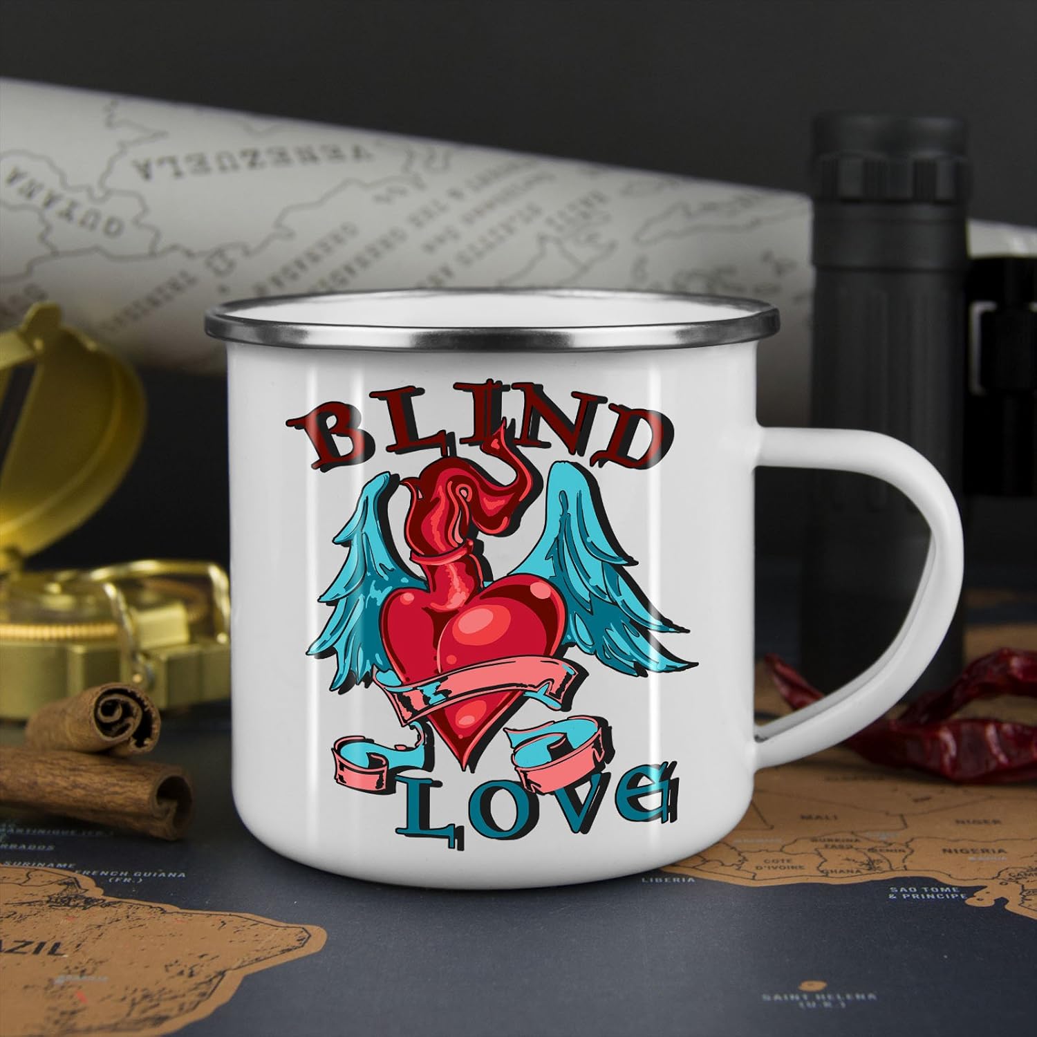 Blind Love Heart Enamel Mug, Cupid Cup Strong, EasyGrip