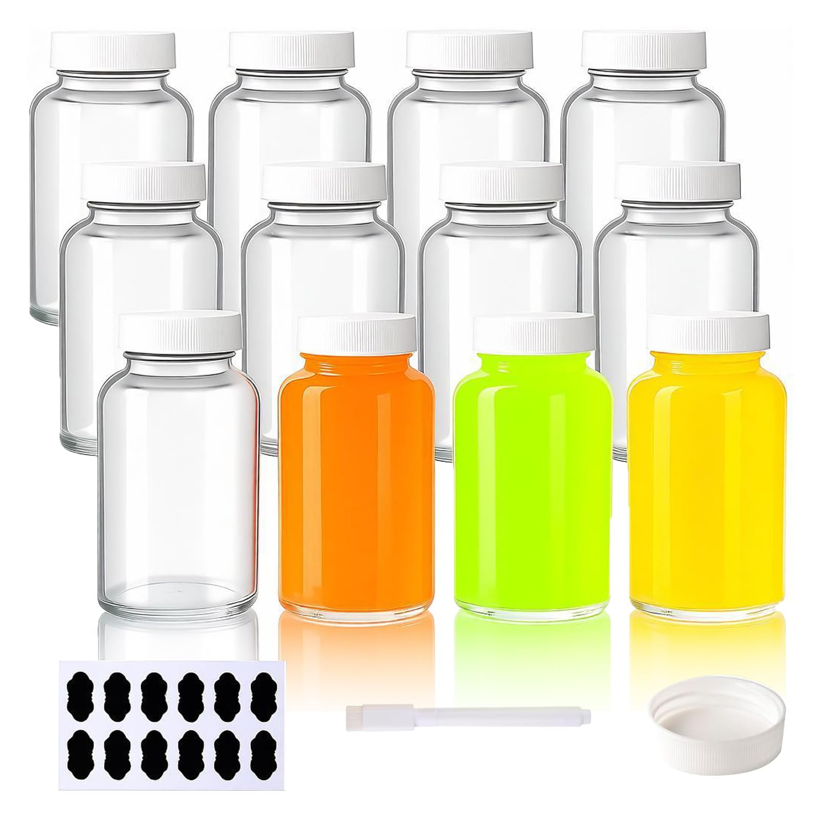 YBCPACK 12 Pack 4oz Reusable Glass Shot Bottles, Clear Wellness Shots Bottles for Ginger, 120ml Small Glass Juice Bottle with Lids, Label, Pen.(Dishwasher Safe & Leak Proof)