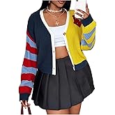 SHENHE Women's Plus Size Color Block Cropped Cardigan Letter Patch Button Up Cardigan Sweater
