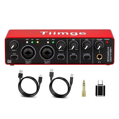 Tiimge 2x2 USB Audio Interface for PC, with 48V Phantom Power, 24Bit/192kHz High-Fidelity, Mic Preamplifier XLR/TSR/TS Ports, Compatible for Guitarist, Vocalist, Podcaster or Producer