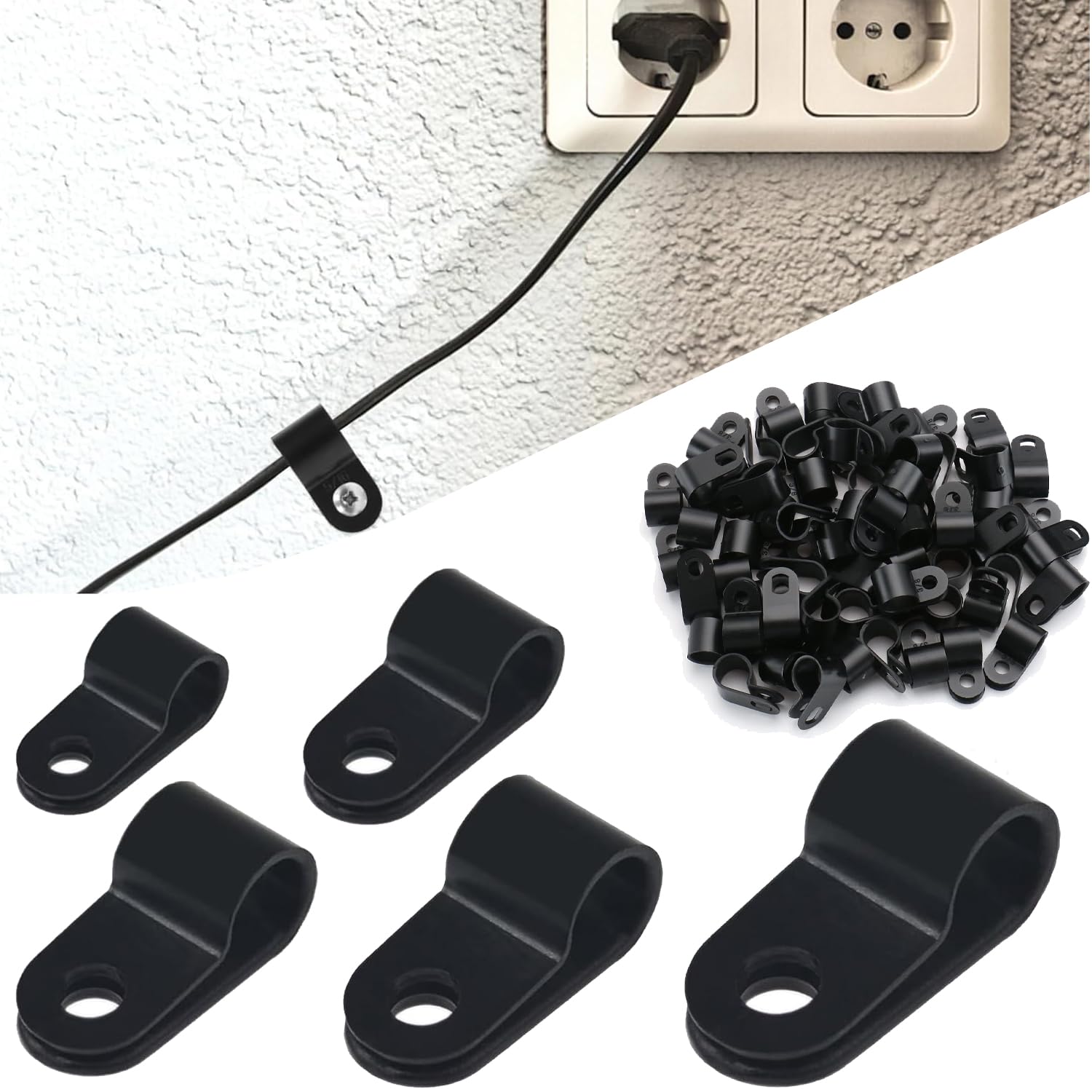 Norhogo 240 PCS R Type Cable Clips, Cable Cleats, Thickened wire clip nylon wire buckle wire clip, R Shaped Cable Clips for Cable Organization (Black Nylon-3/16", 1/4", 5/16", 3/8" and 1/2")