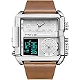 FEICE Wathes for Men Digital LED Analog Quartz Wristwatch Business Men’s Watch Multifunction Square Chronograph 24H Calendar Leather Band Unique FK030