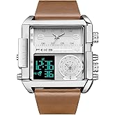 FEICE Wathes for Men Digital LED Analog Quartz Wristwatch Business Men’s Watch Multifunction Square Chronograph 24H Calendar Leather Band Unique FK030