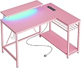 Bestier 106.5CM L shaped Desk with Power Outlets LED Lights Pink view 9