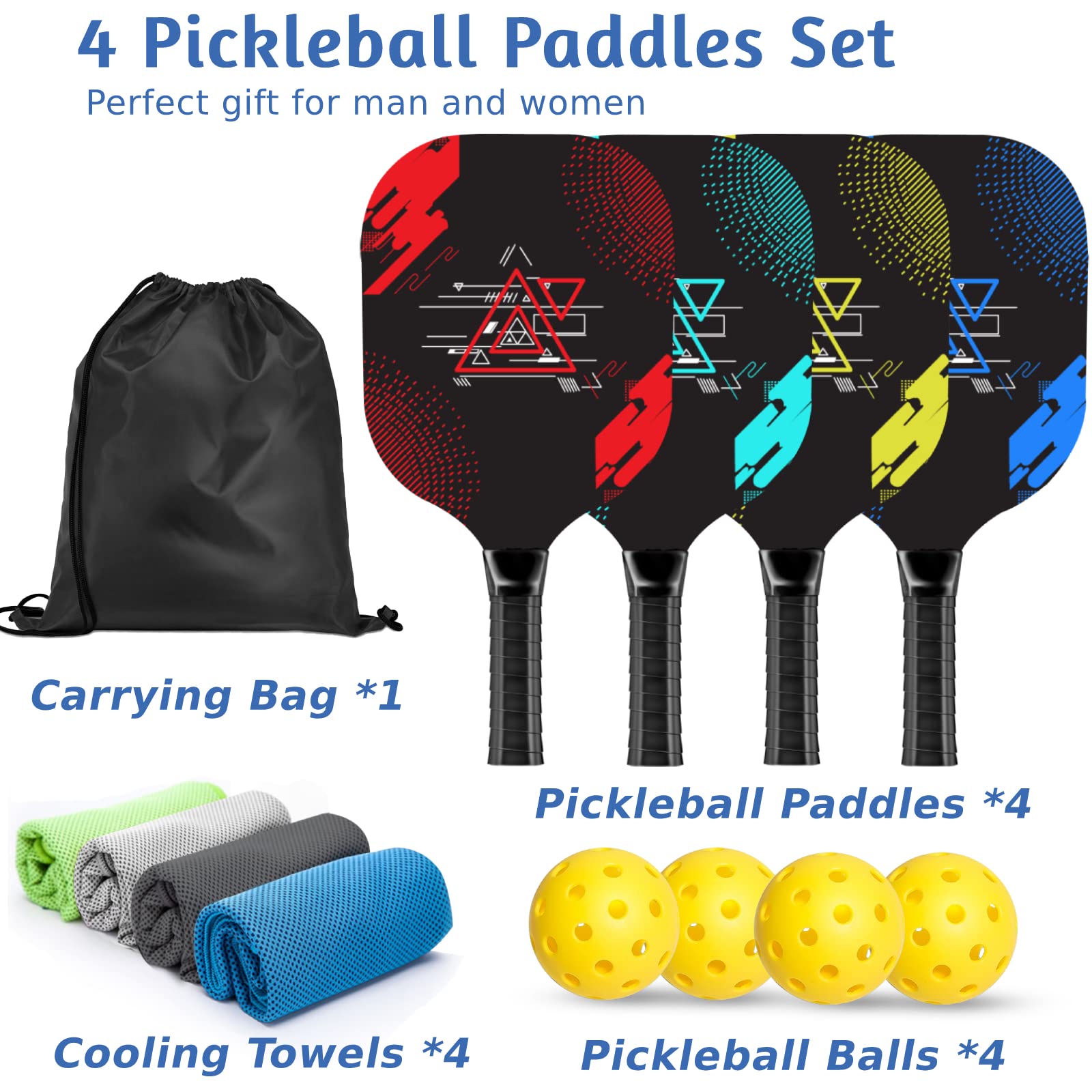 Pickleball Set with 4 Premium Wood Paddles, Cushion Comfort Grip, 4 Cooling Towels, 4 Pickleball Balls & Carry Bag, Pickle Ball Paddle for Men Women