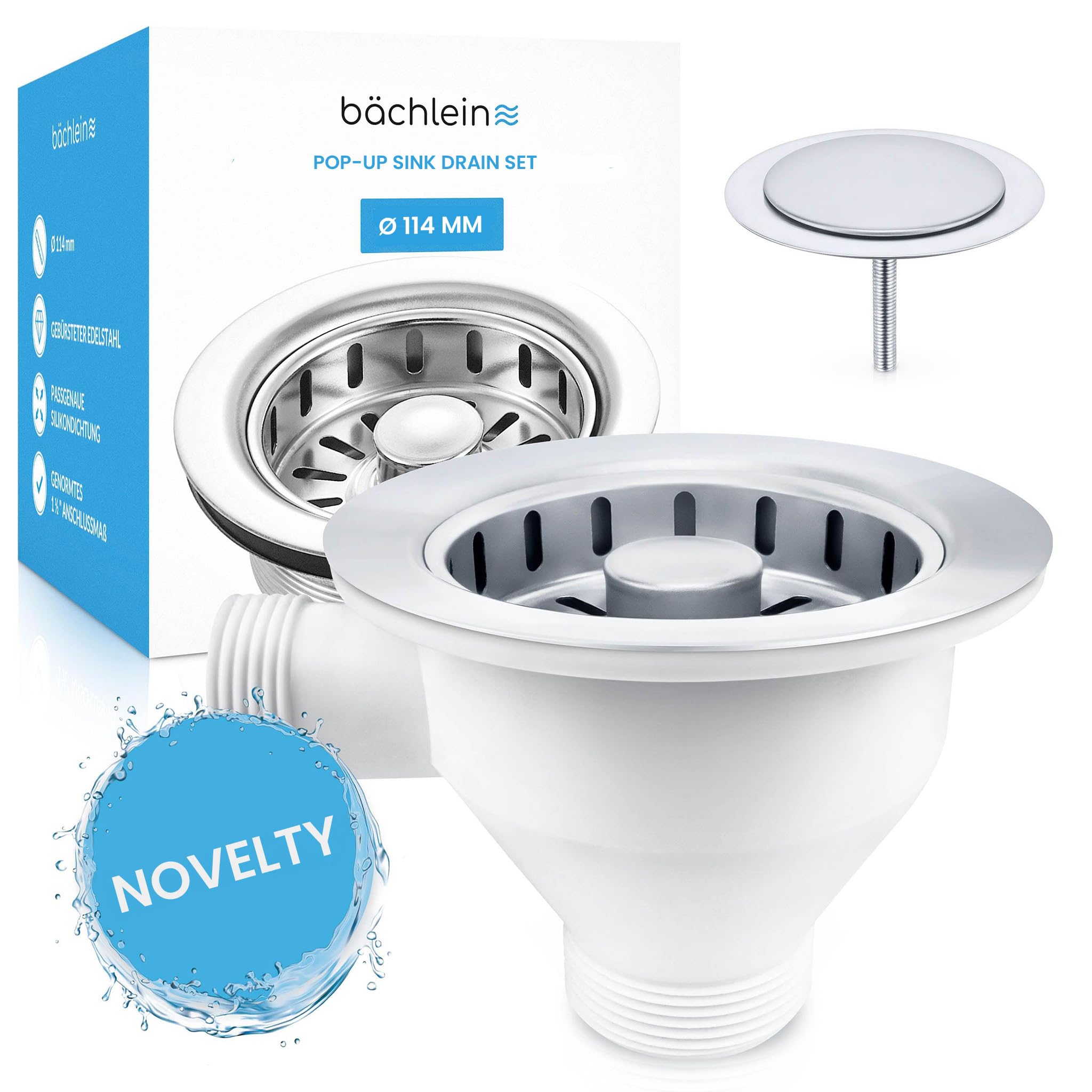 Bächlein Sink Drain Set (WITH OVERFLOW Universal Size Ø 114, Polished Stainless Steel)