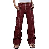 Flamingals Women Solid Flap Pocket Mid Rise Straight Leg Cargo Pants Vintage Stretch Cotton All Season Long Pants