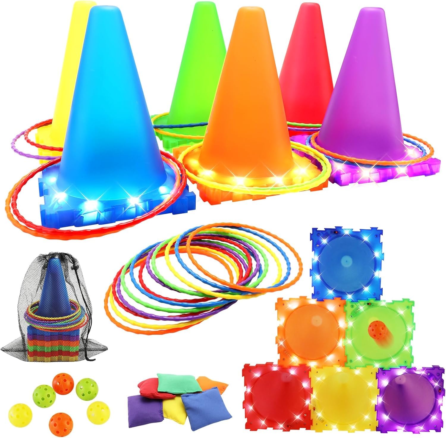 VATOS Light Up Bean Bag Toss Garden Game Toys for Kids - 3 In 1 Ball & Ring & Bean Bag Toss Game Play Set, Multiple Throwing Target Models, Outdoor Garden Carnival Party Games Toys for Kids Adults