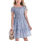 Poploli Girls Summer Dress Kids Floral Square Neck Puff Sleeve A-Line Midi Dresses