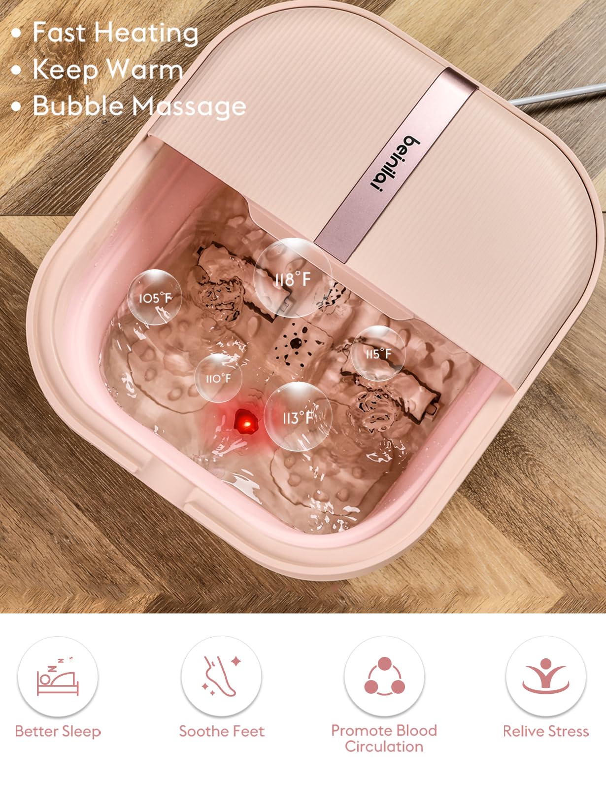 Beinilai Foot Bath Spa with Heat, Bubble Massage and Vibration,Collapsible Foot Soak Tub,2 Feet Rollers, Acupressure Massage Points, Red Light and Foot Scrubber, Pedicure Foot Spa for Women(Pink)