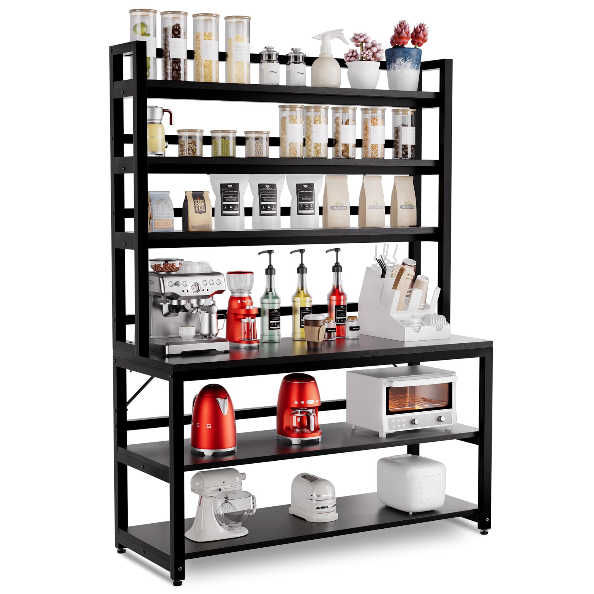 Photo 1 of ** VERY USED / MISSING PARTS / NO RETURN **** Aquzee Large Bakers Rack for Kitchens, 47in Wide (47.2“W x 15.7”D x 70.8" H) 6 Tiers Kitchen Stand with Hutch & Storage, Black Freestanding Tall Bakers Racks Organizer with Shelves