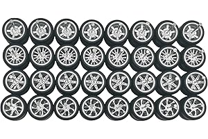 AHLOKI 16 Set Wheels and Tires Kit Simulation 1/64 Model Modified Tire with Rubber Tires and Silver Hub Suitable for Adding Collection Value to 1/64 Model Cars