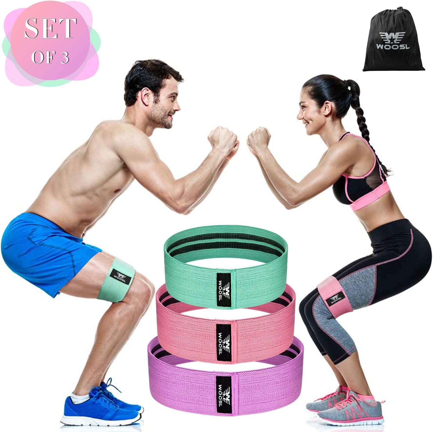 WOOSL Booty Resistance Bands Hip Loop Bands for Legs and Butt Workout -Set of 3 Fabric Non Slip Glute Elastic Exercise Band for Warm-Up and Squat-Activate Quads & Thighs,Thick,Wide Cloth, Women