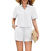 FIOPHY Women's 100% Linen 2 Piece Outfits Summer Lounge Sets V Neck Collared Short Sleeve Tops Elastic Waist Shorts TrackSuit