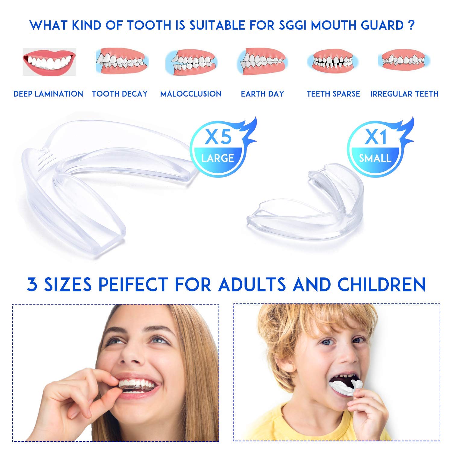 SGGI Mouthguard Teeth Grinding Mouth Guard Customizable and Trimmable Medical Grade Mouth guard for Grinding Teeth Clenching Bruxism Whitening Tray Sport Athletic Sleep Nightguard 2-Size 6 Pieces : Beauty