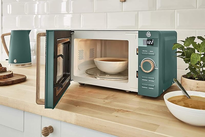Nordic Microondas digital 20L, 6 niveles funcionamiento, 800W potencia, temporizador 30 min, fácil limpieza, modo descongelar, diseño moderno, tirador efecto madera, verde mate — foto 5 de 5
