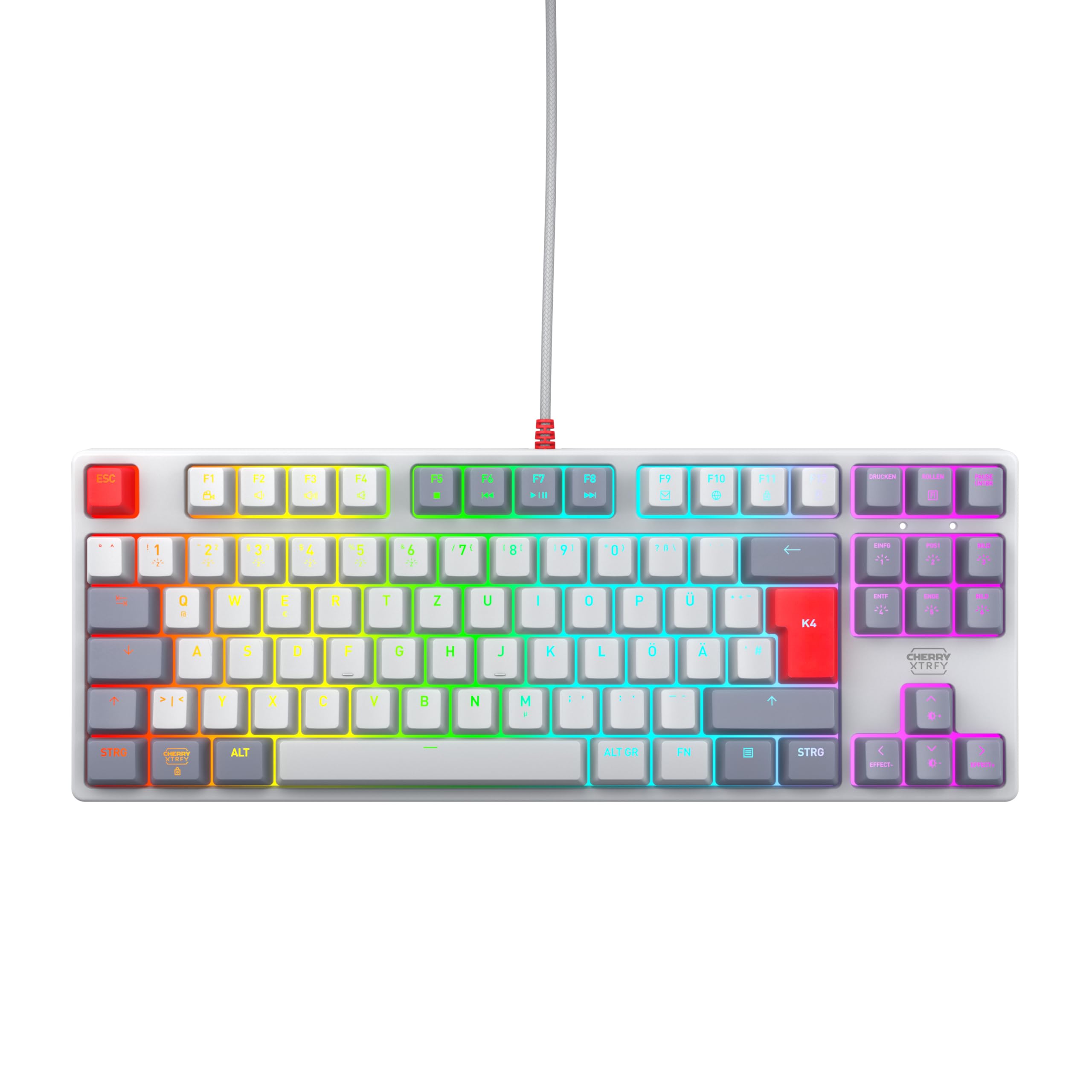 CHERRY XTRFY K4V2 TKL, Kabelgebundene Gaming-Tastatur ohne Nummernblock, Deutsches Layout (QWERTZ), RGB-Beleuchtung, Mechanische MX2A RED Switches, Retro