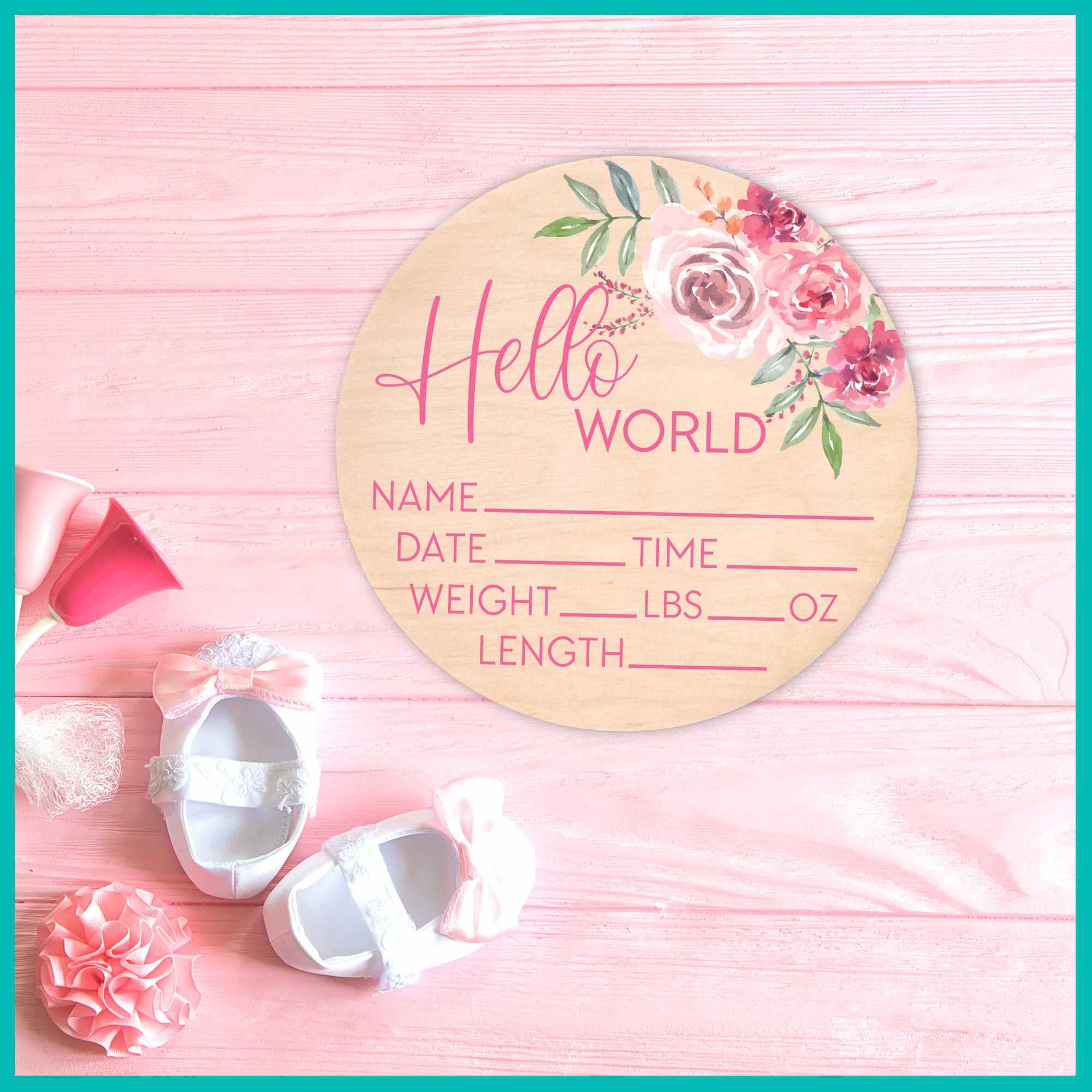 Hello World Sign for Newborn Baby Birth Stat Sign Floral Baby Sign for Hospital Baby Name Sign Pregnancy Announcement Photo Prop Crib & Nursery Decor Gift for New Mom Baby Shower Yippee Daisy